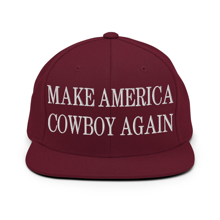 Make Us Cowboy Again Embroidered Flat Bill Brim Snapback Hat - Maroon