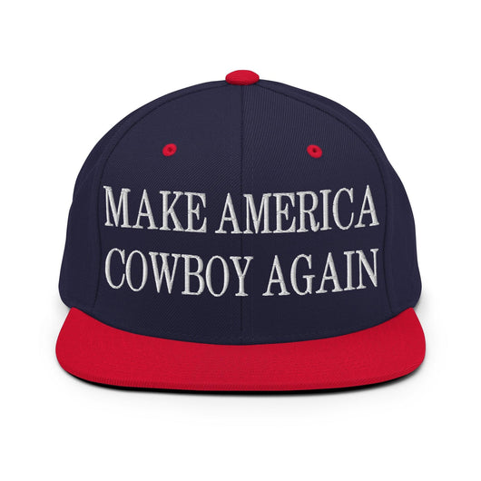Make Us Cowboy Again Embroidered Flat Bill Brim Snapback Hat - Navy/ Red