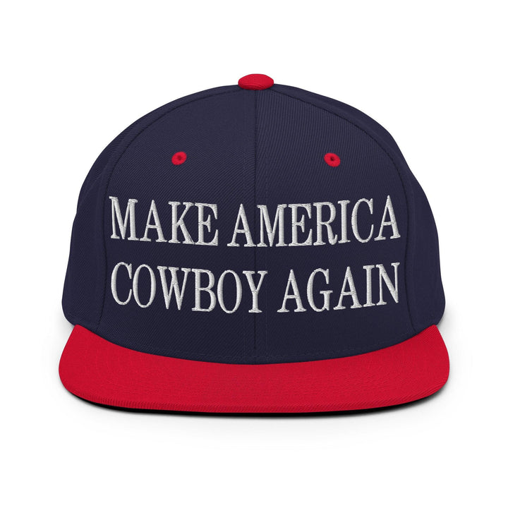 Make Us Cowboy Again Embroidered Flat Bill Brim Snapback Hat - Navy/ Red
