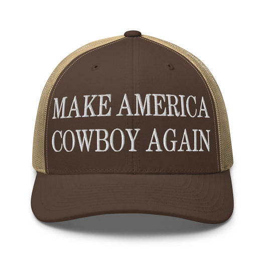 Make Us Cowboy Again Embroidered Mesh Trucker Hat - Brown/ Khaki