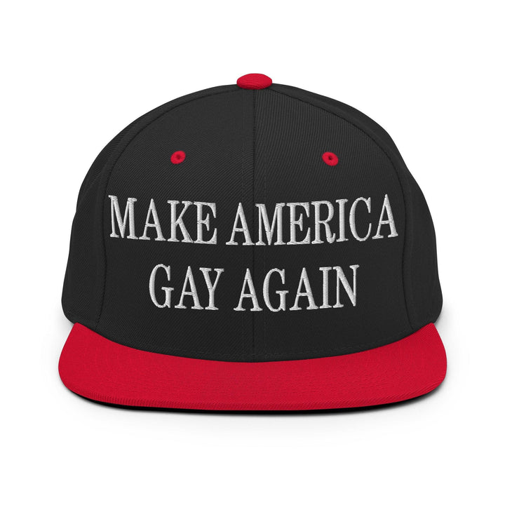 Make Us Gay Again Embroidered Flat Bill Brim Snapback Hat - Black/ Red