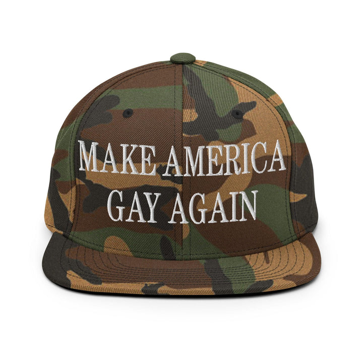Make Us Gay Again Embroidered Flat Bill Brim Snapback Hat - Green Camo