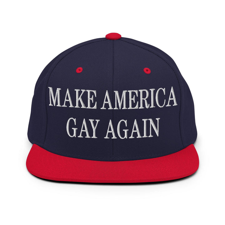 Make Us Gay Again Embroidered Flat Bill Brim Snapback Hat - Navy/ Red