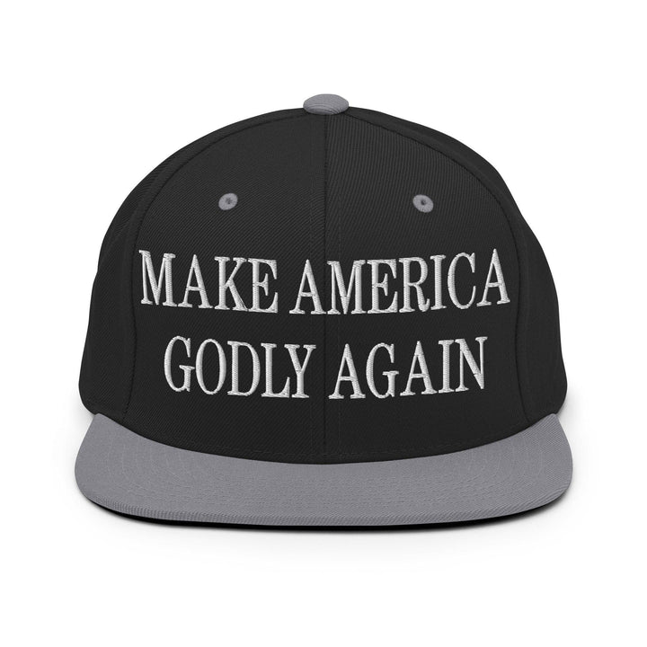 Make Us Godly Again Embroidered Flat Bill Brim Snapback Hat - Black/ Silver