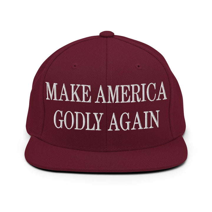 Make Us Godly Again Embroidered Flat Bill Brim Snapback Hat - Maroon