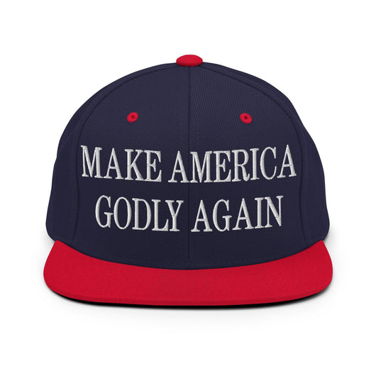 Make Us Godly Again Embroidered Flat Bill Brim Snapback Hat - Navy/ Red