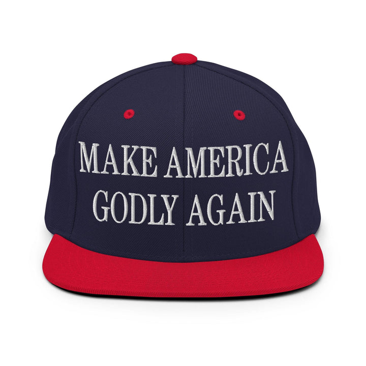 Make Us Godly Again Embroidered Flat Bill Brim Snapback Hat - Navy/ Red