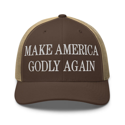 Make Us Godly Again Embroidered Mesh Trucker Hat - Brown/ Khaki
