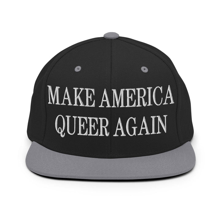 Make Us Queer Again Embroidered Flat Bill Brim Snapback Hat - Black/ Silver