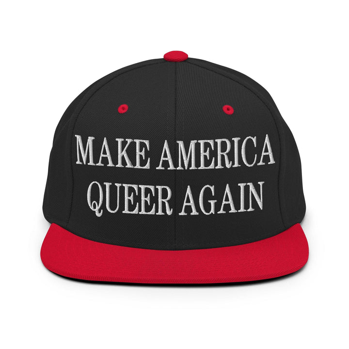Make Us Queer Again Embroidered Flat Bill Brim Snapback Hat - Black/ Red