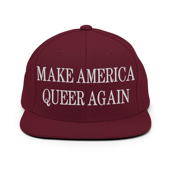 Make Us Queer Again Embroidered Flat Bill Brim Snapback Hat - Maroon