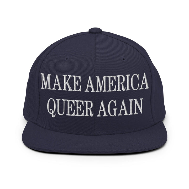 Make Us Queer Again Embroidered Flat Bill Brim Snapback Hat - Navy