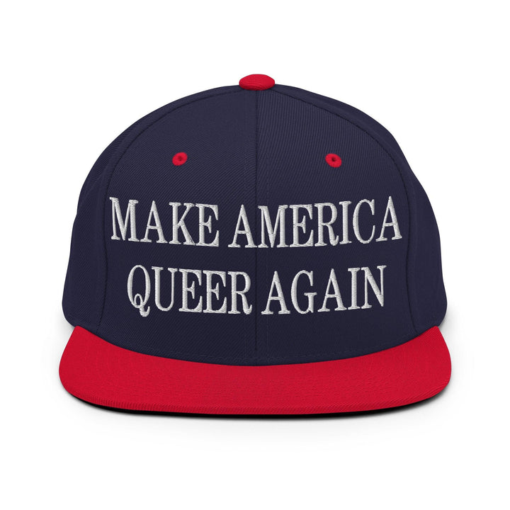 Make Us Queer Again Embroidered Flat Bill Brim Snapback Hat - Navy/ Red
