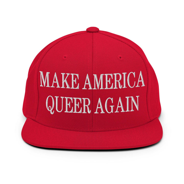 Make Us Queer Again Embroidered Flat Bill Brim Snapback Hat - Red