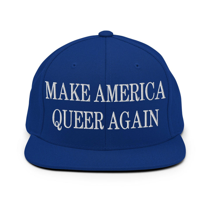 Make Us Queer Again Embroidered Flat Bill Brim Snapback Hat - Royal Blue