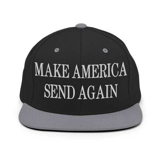 Make Us Send Again Embroidered Flat Bill Brim Snapback Hat - Black/ Silver