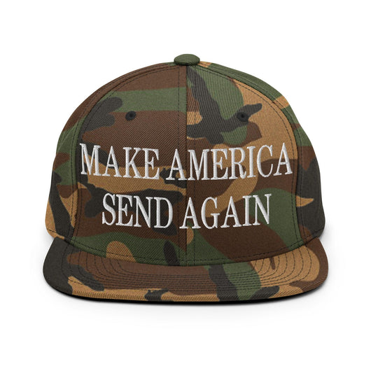 Make Us Send Again Embroidered Flat Bill Brim Snapback Hat - Green Camo