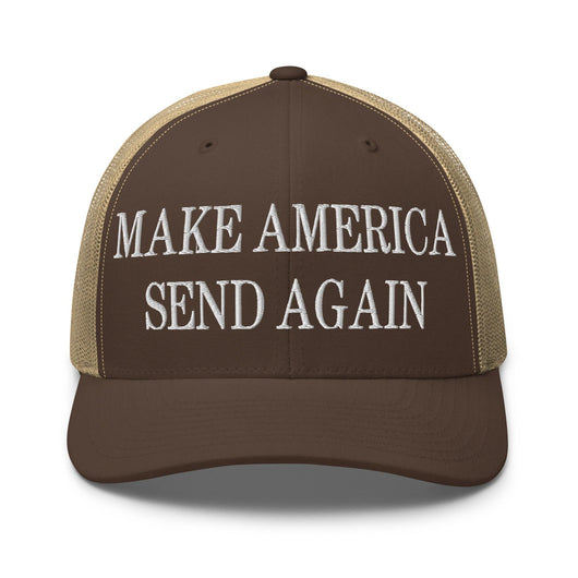 Make Us Send Again Embroidered Mesh Trucker Hat - Brown/ Khaki