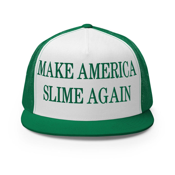 Make Us Slime Again Embroidered Flat Bill Brim Trucker Hat - Kelly/ White/ Kelly