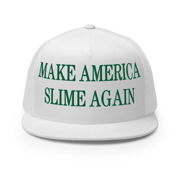 Make Us Slime Again Embroidered Flat Bill Brim Trucker Hat - White