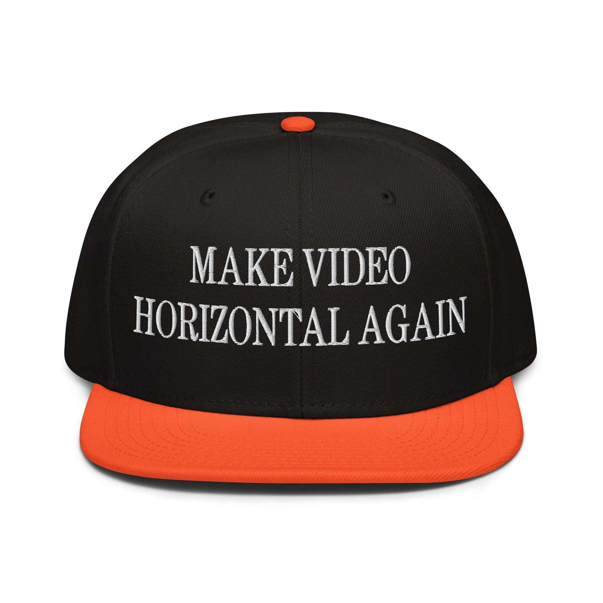 Make Video Horizontal Again Embroidered Flat Brim Bill Snapback Hat - Orange / Black