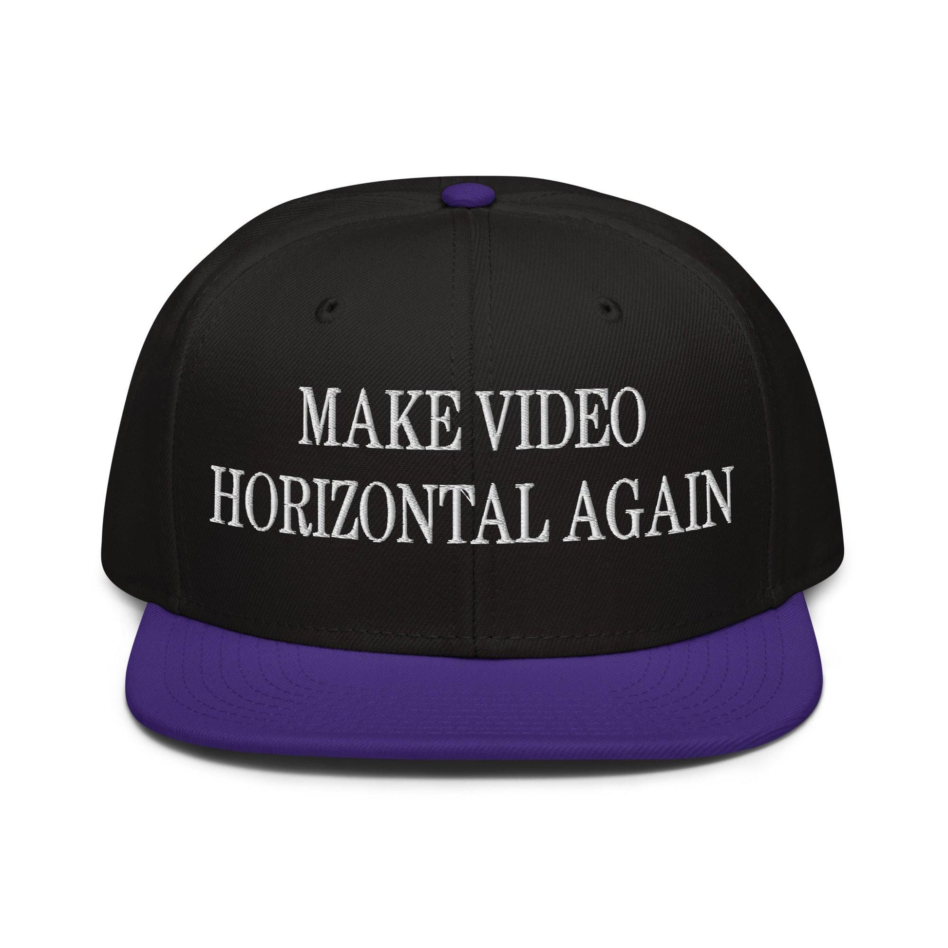 Make Video Horizontal Again Embroidered Flat Brim Bill Snapback Hat - Purple / Black