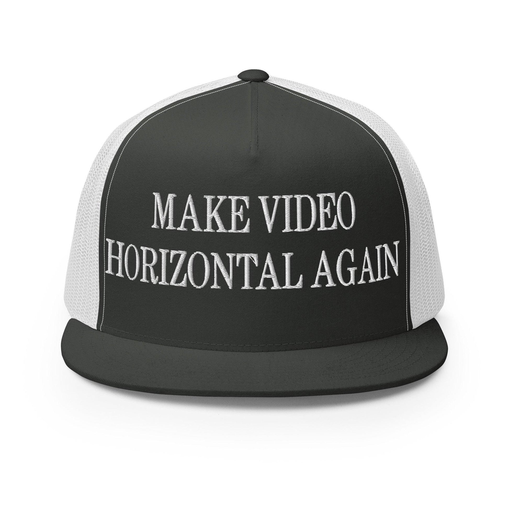 Make Video Horizontal Again Embroidered Mesh Flat Bill Brim Trucker Hat - Charcoal/ White