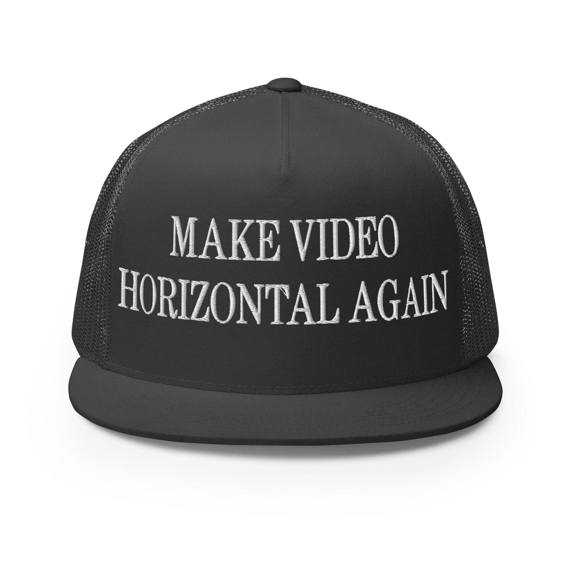 Make Video Horizontal Again Embroidered Mesh Flat Bill Brim Trucker Hat - Charcoal
