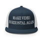 Make Video Horizontal Again Embroidered Mesh Flat Bill Brim Trucker Hat - Navy/ White