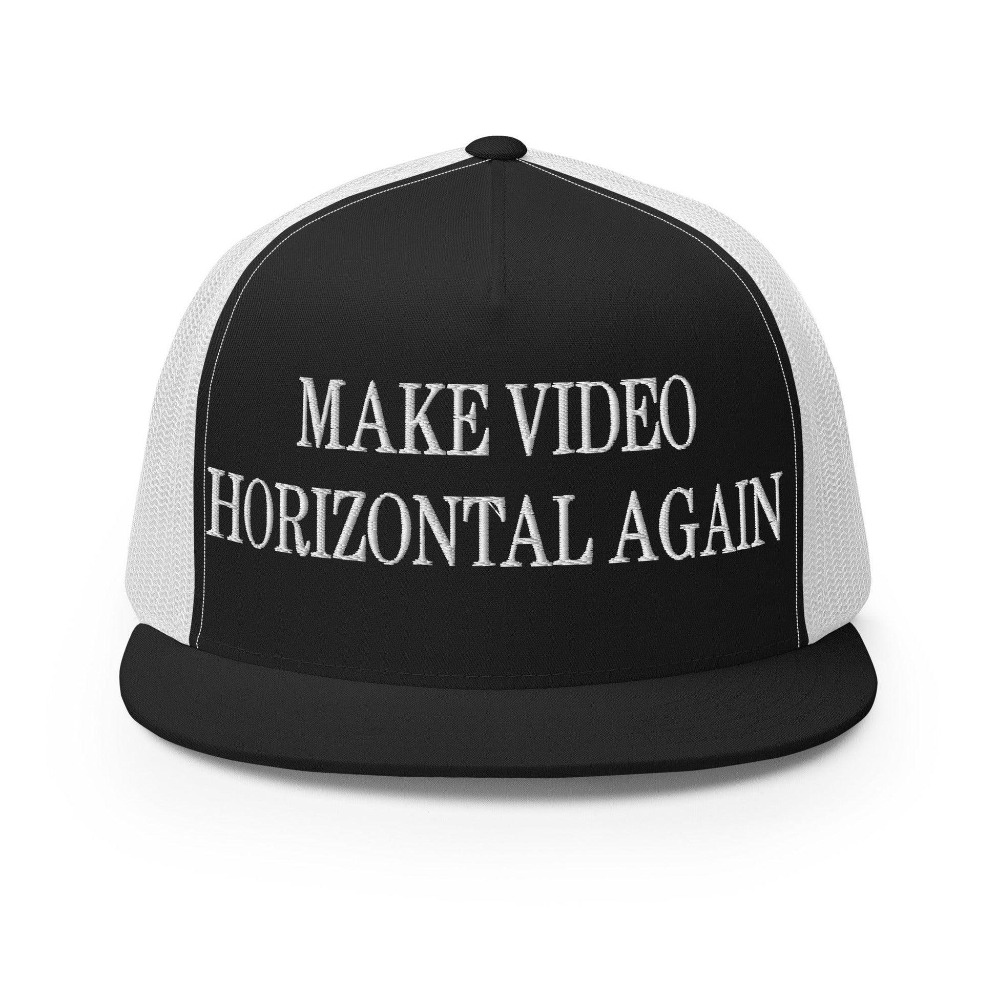 Make Video Horizontal Again Embroidered Mesh Flat Bill Brim Trucker Hat - Black/ White
