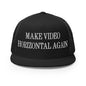Make Video Horizontal Again Embroidered Mesh Flat Bill Brim Trucker Hat - Black