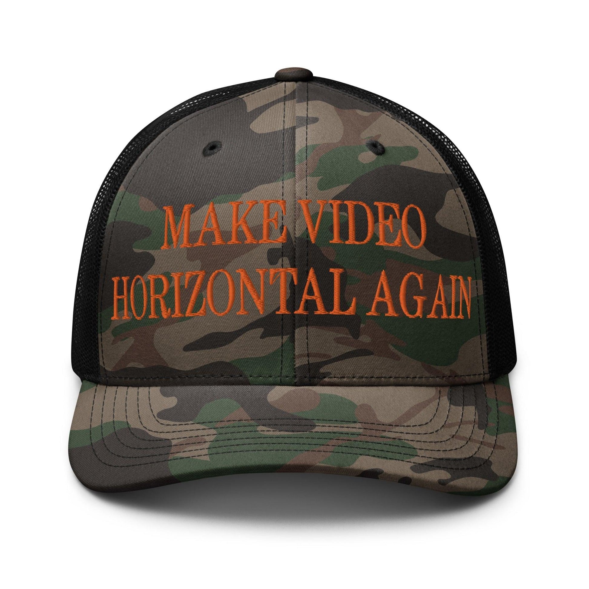 Make Video Horizontal Again Embroidered Orange Camo Trucker Hat - Camo/Black