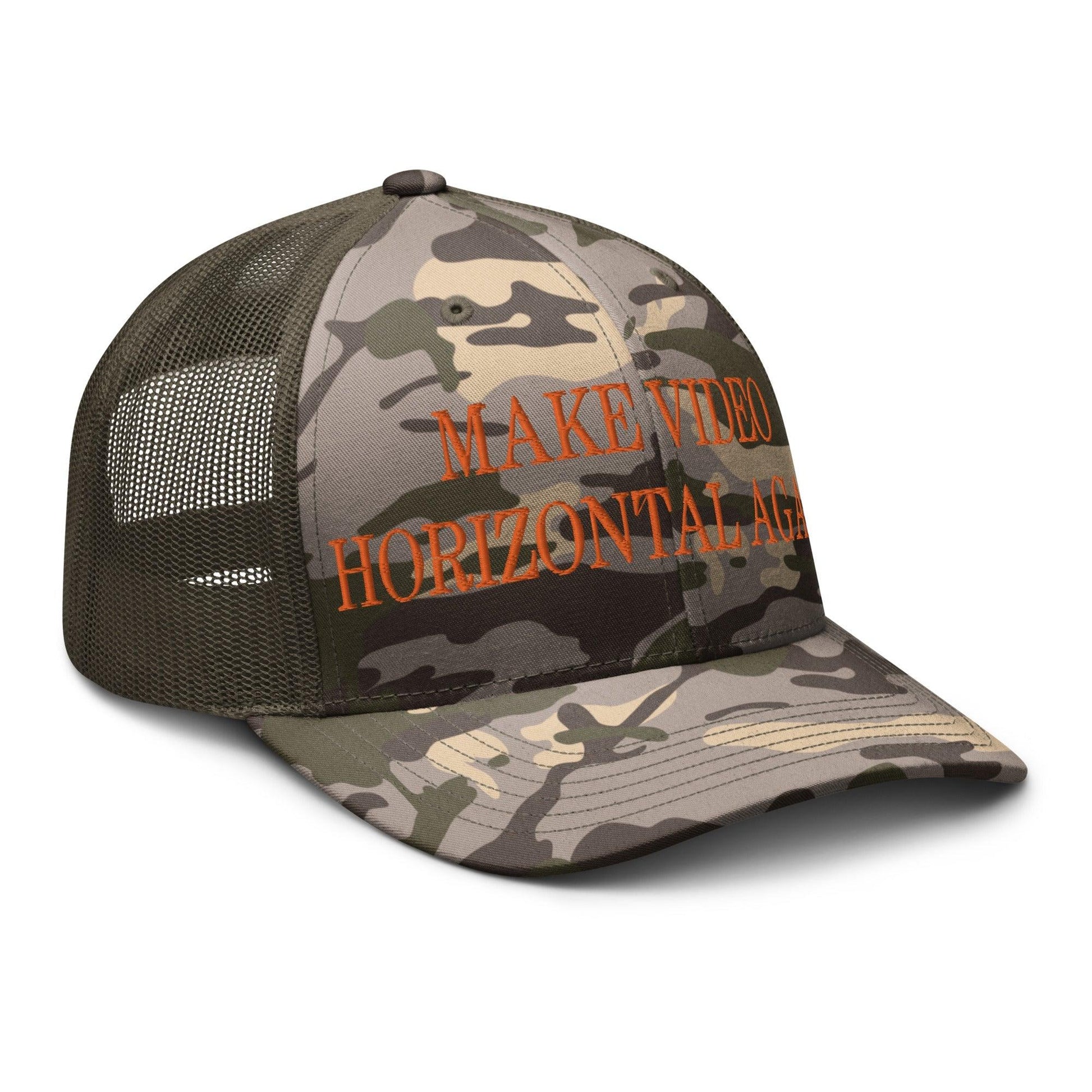 Make Video Horizontal Again Embroidered Orange Camo Trucker Hat