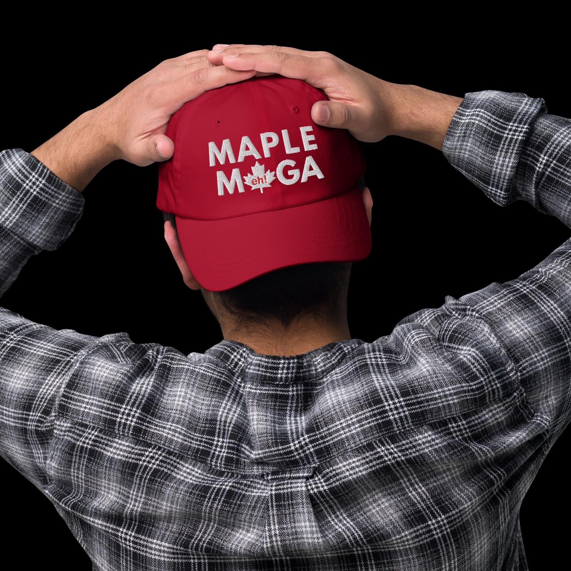 Red Maple MAGA embroidered dad hat baseball cap with a cart button for easy purchase