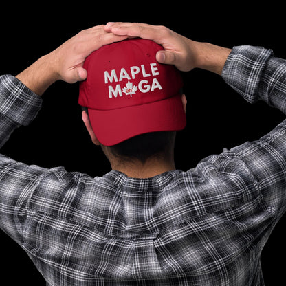 Red Maple MAGA embroidered dad hat baseball cap with a cart button for easy purchase