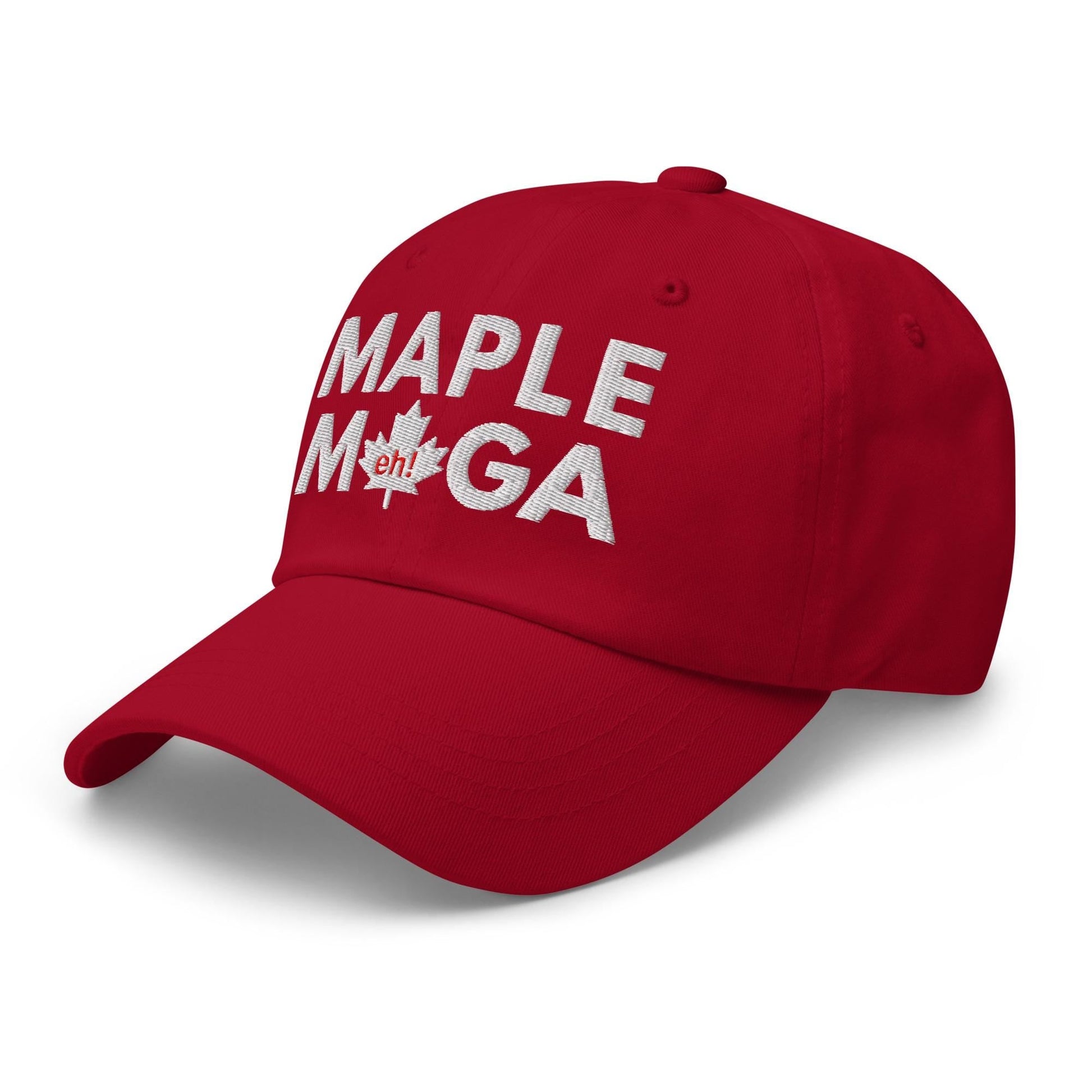 Red Maple MAGA embroidered dad hat displayed with a cart button for purchase