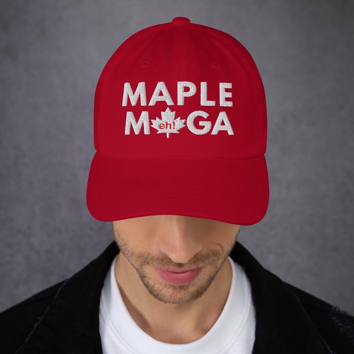 Red Maple MAGA embroidered dad hat with MAPLE M eh! GA text, perfect for shopping cart button