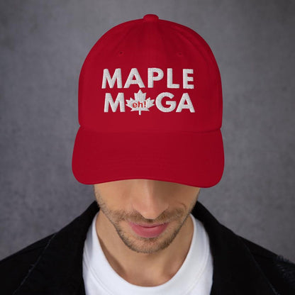 Red Maple MAGA embroidered dad hat with MAPLE M eh! GA text, perfect for shopping cart button