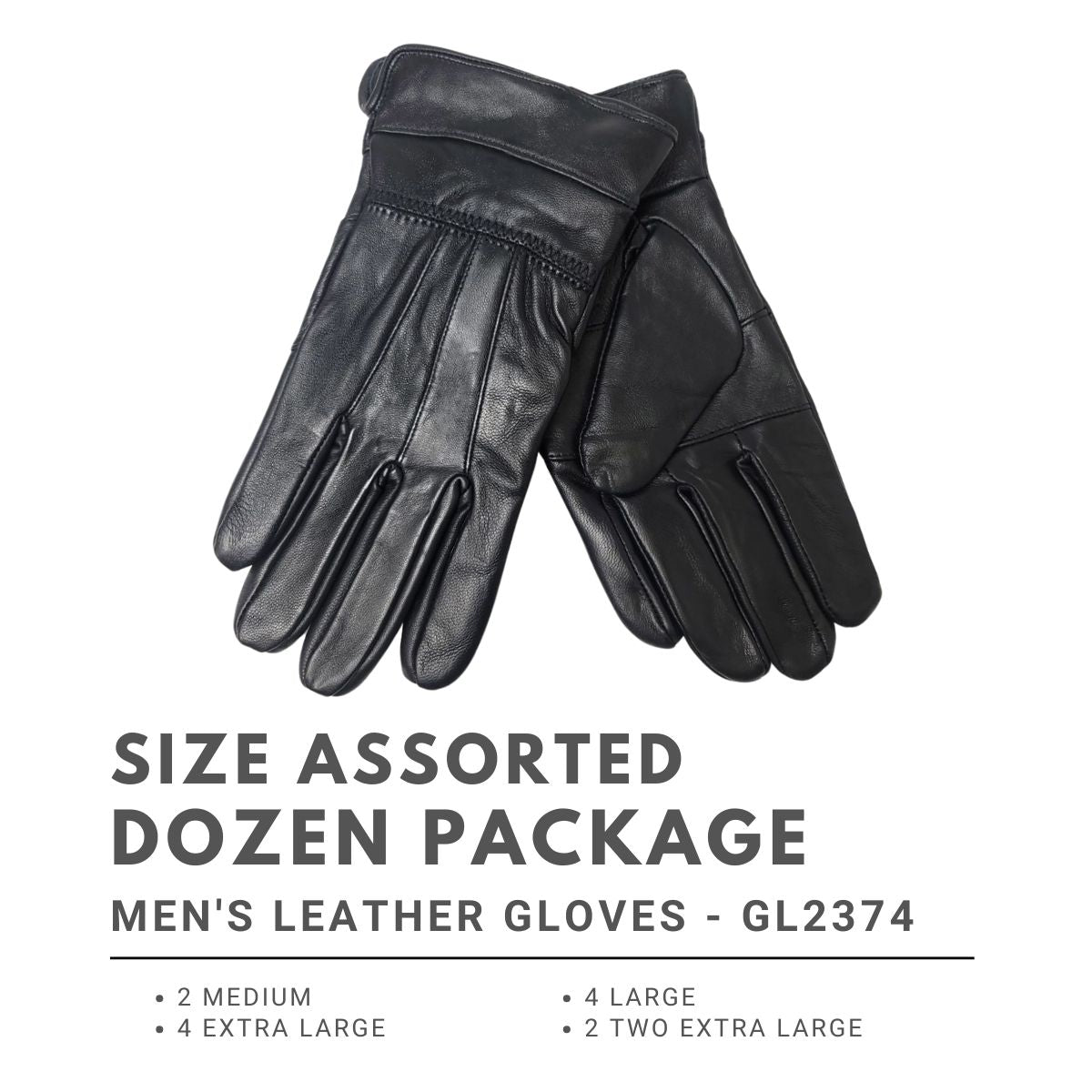 Men’s Leather Gloves - GL2374 Genuine 4 Sizes - Dozen Package- M 2, L 4, XL XXL 2