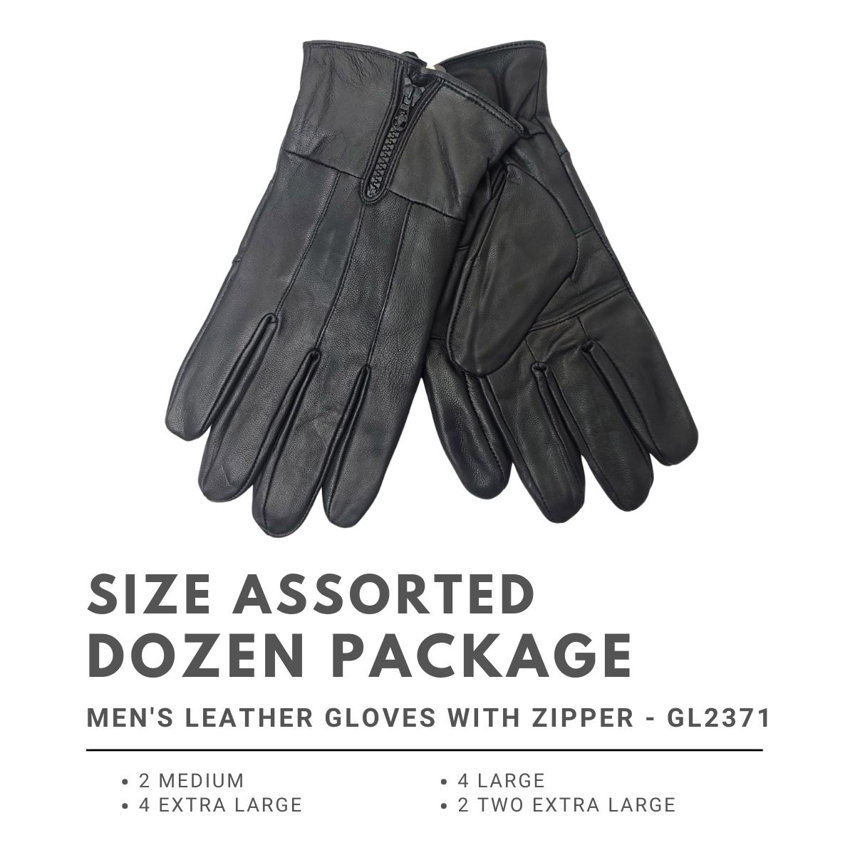 Men’s Leather Gloves with Zipper - GL2371 Genuine 4 Sizes - Dozen Package- M 2, L 4, XL XXL 2