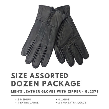 Men’s Leather Gloves with Zipper - GL2371 Genuine 4 Sizes - Dozen Package- M 2, L 4, XL XXL 2