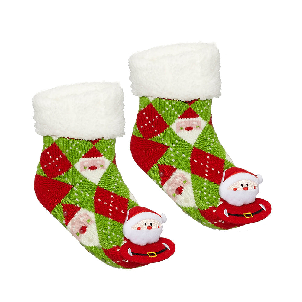 Christmas-themed Santa fleece socks with moose polar fleece embellishments for cozy warmth