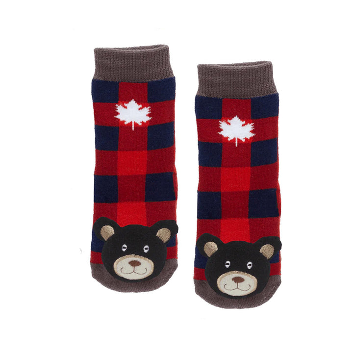 Messy Moose Socks Plaid Black Bear with Maple Leaf 6 Pack - Baby / Red - Socks