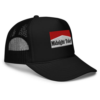 Black foam trucker hat with Midnight Toker embroidered design
