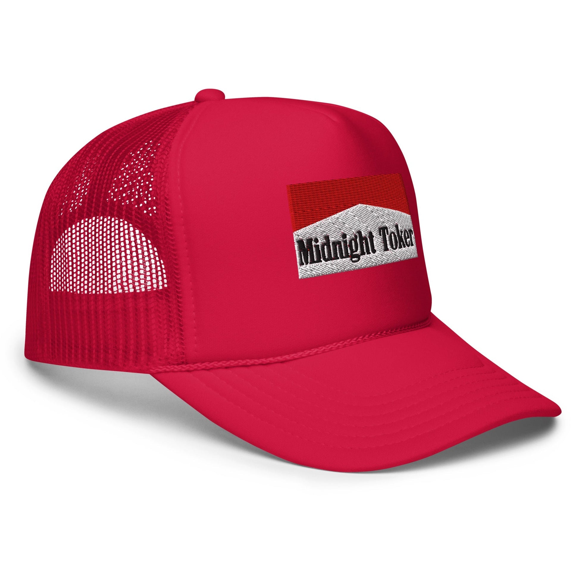Red foam trucker hat with Midnight Toker embroidered logo, stylish and comfortable accessory