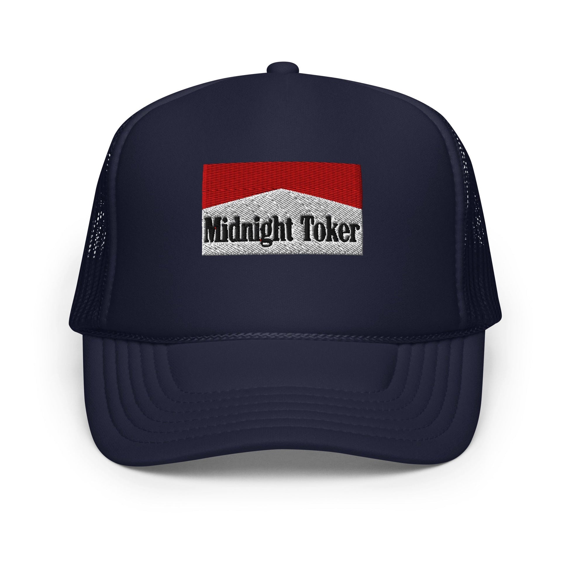 Navy blue Midnight Toker Embroidered Foam Trucker Hat for stylish casual wear