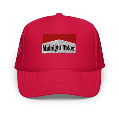 Red Midnight Toker Embroidered Foam Trucker Hat with Logo for Casual Wear