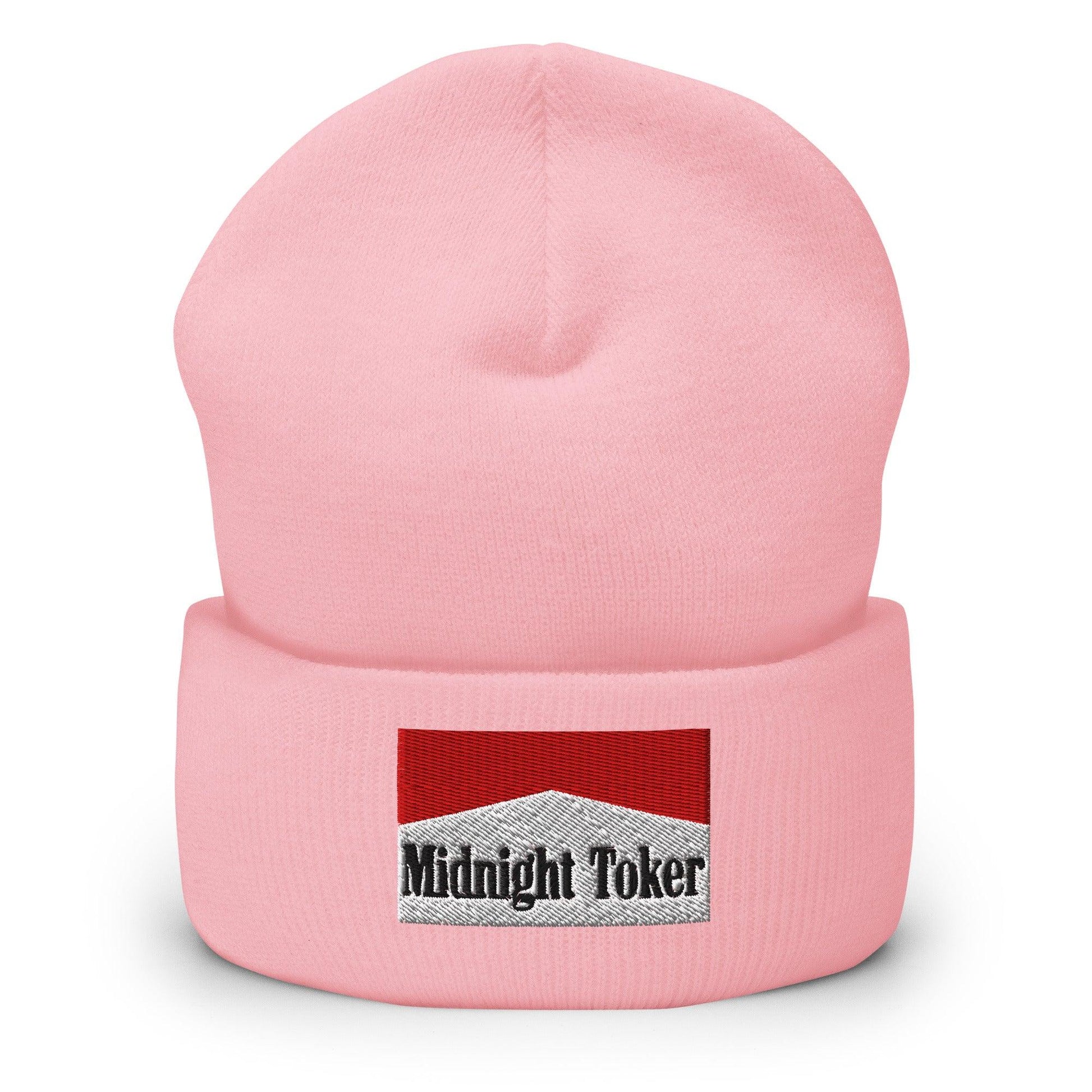 Midnight Toker Embroidered Knit Cuffed Beanie - Baby Pink