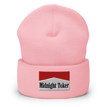 Midnight Toker Embroidered Knit Cuffed Beanie - Baby Pink