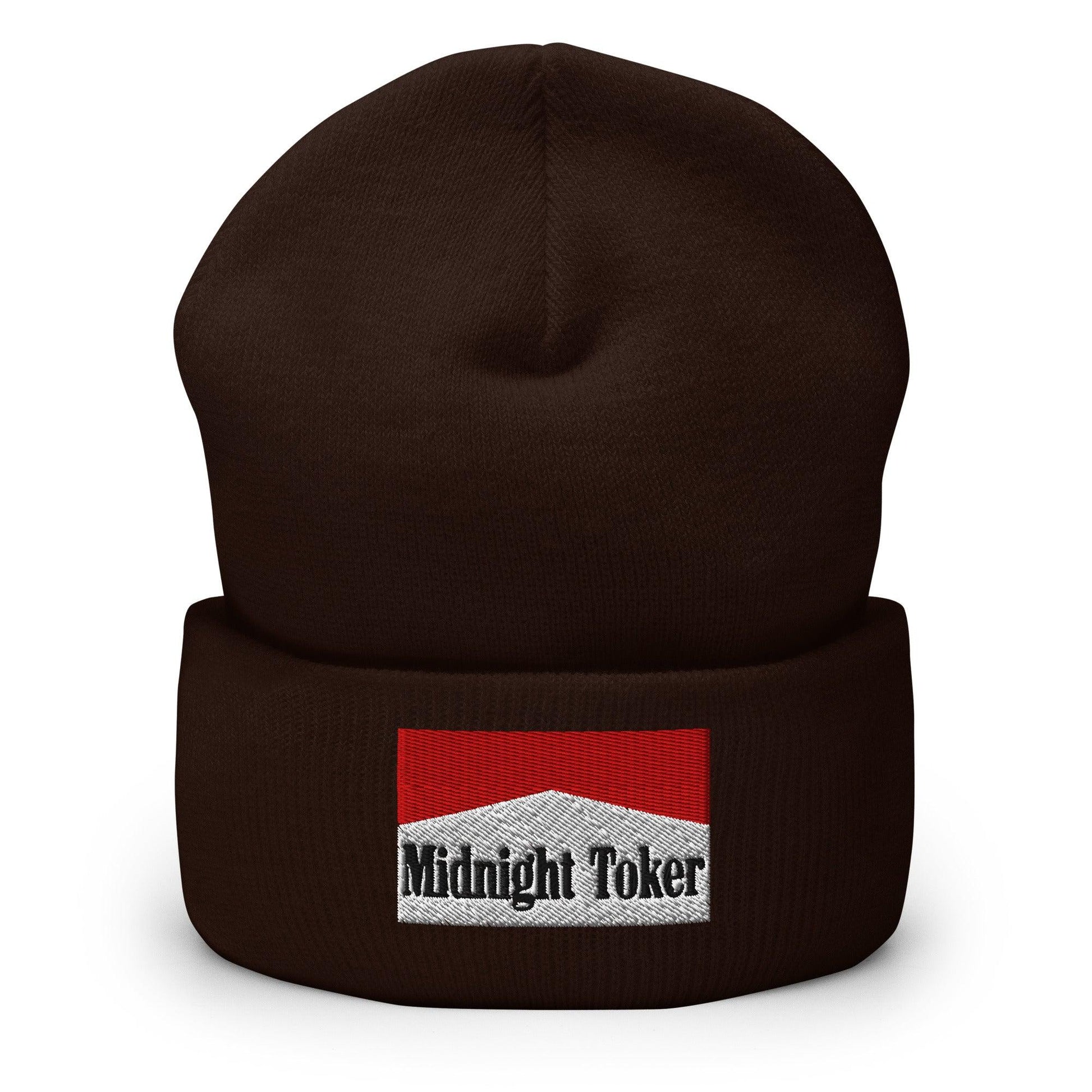 Midnight Toker Embroidered Knit Cuffed Beanie - Brown